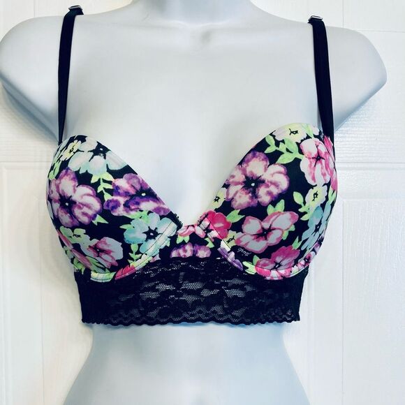 Victorias Secret‎ PINK Floral Bustier Bra 34C Black - Picture 1 of 10
